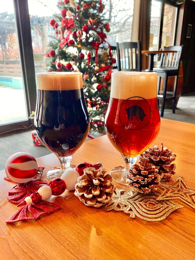 Hopkuna Mata Brown IPA and Mulled Swine Spiced Belgian Ale from the Noble Pig Brewhouse in Kamloops, BC (photo provided)